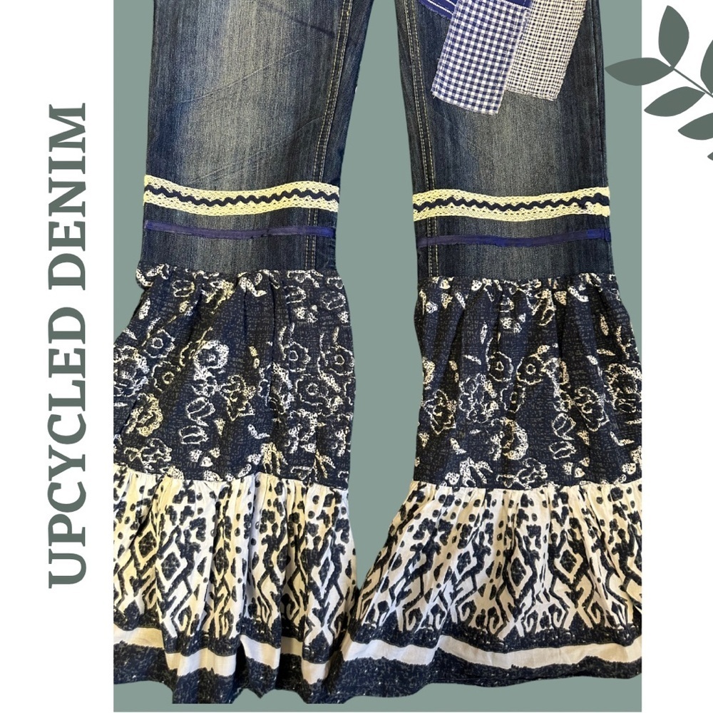 Upcycled Denim Patchwork Flare Jeans Boho Y2K 27 - Picture 6 of 9
